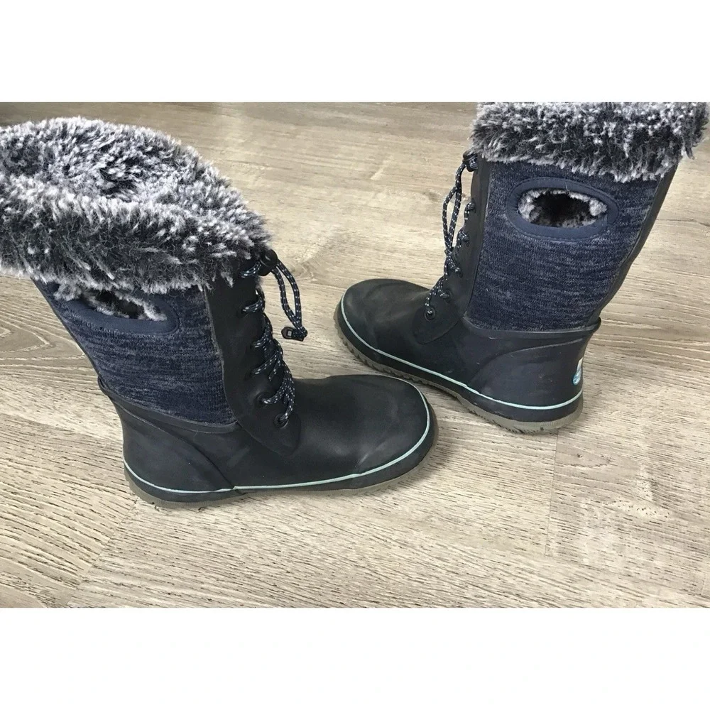 Bogs Youth Size 3 Arcata Girls Knit Blue Faux Fur Winter Snow Boots Waterproof